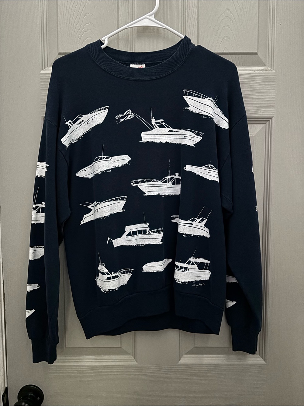 Vintage Jerzees Navy Sweatshirt with White Boat Graphic Print